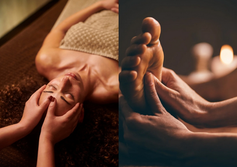 Therapist providing head and foot massage